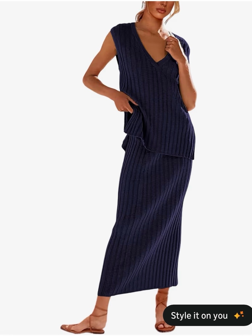 Sleeveless Navy Ribbed Knit Skirt Set